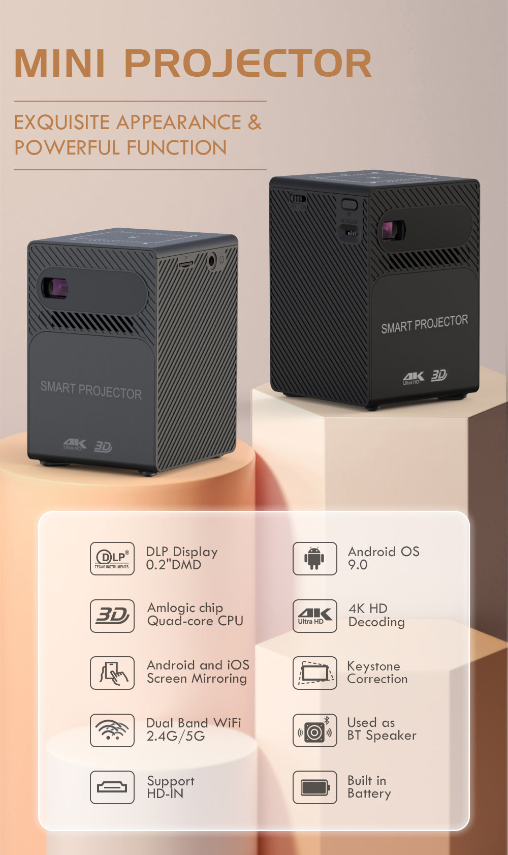 P18 DLP Mini Projector | 100 ANSI, Android 9, Built-in Battery, Pocket-Sized
