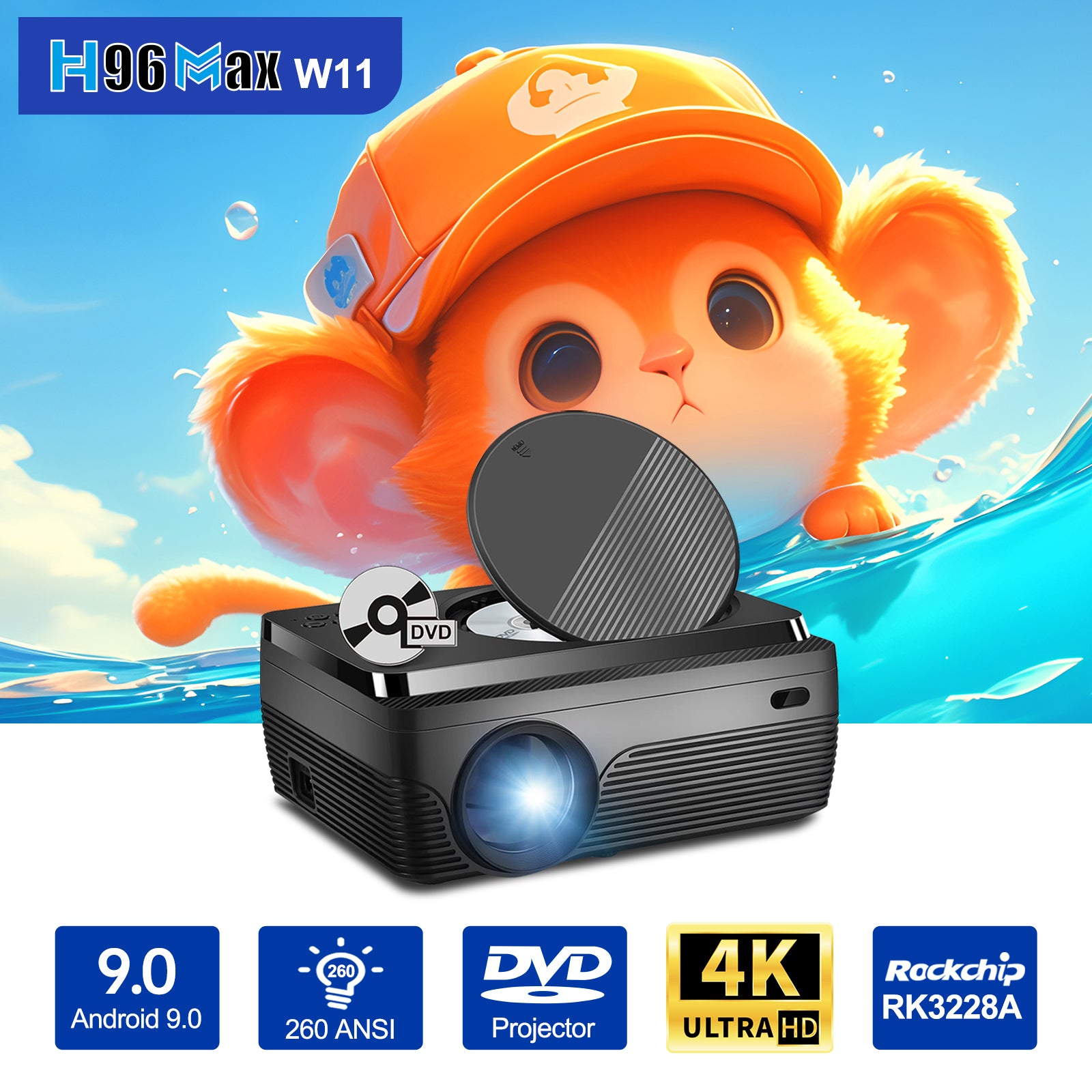 W11 Home Projector | 1080P, 260 ANSI, Android 9, Screen Mirror, Built-in DVD Player