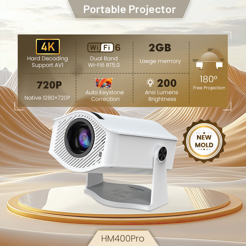 HM400Pro Mini Projector | 1280x720, Wi-Fi 6, BT 5.0, Android 11, 150ASNI