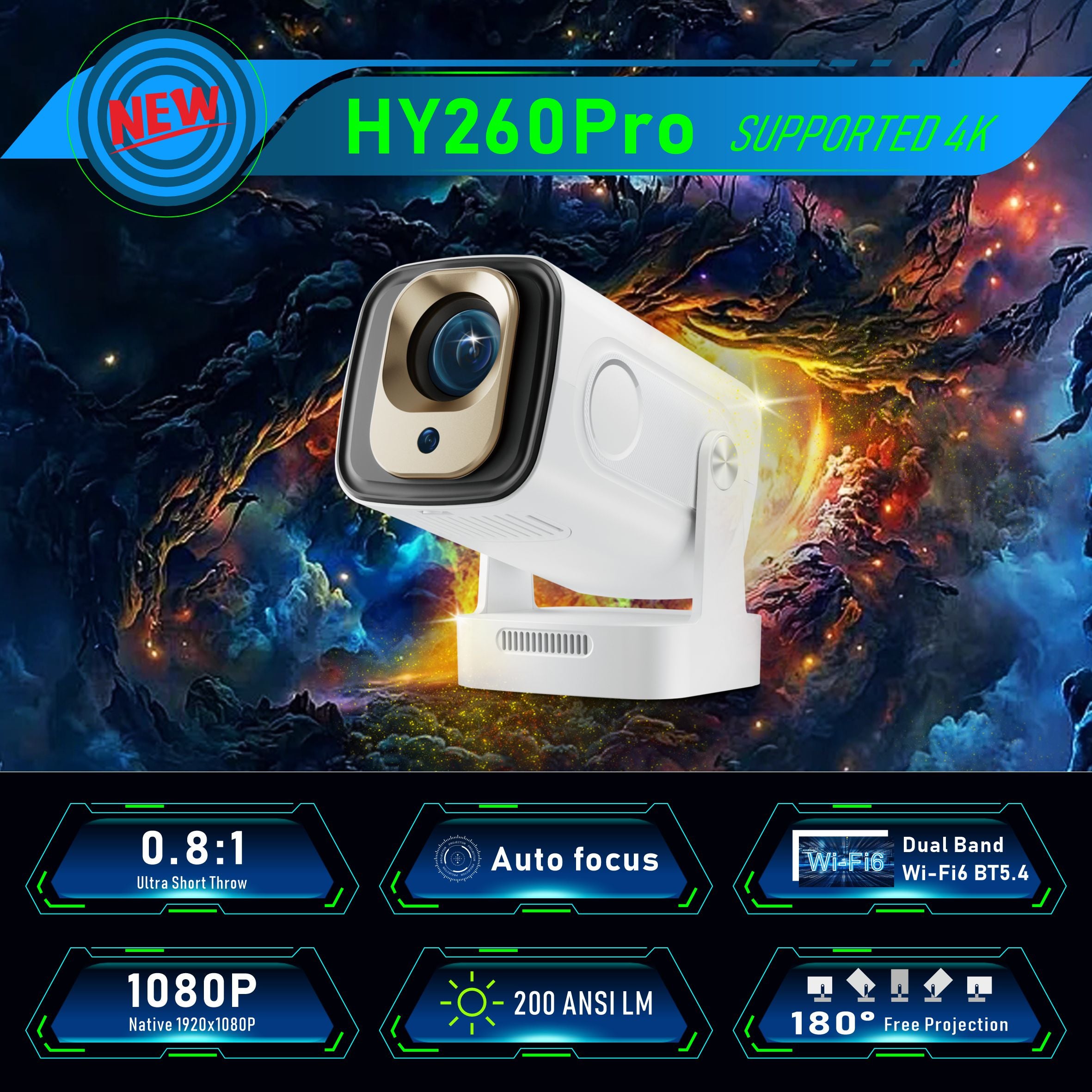 HY260Pro Mini Projector | 1080P, 200 ANSI, Android 11, Voice Control Remote