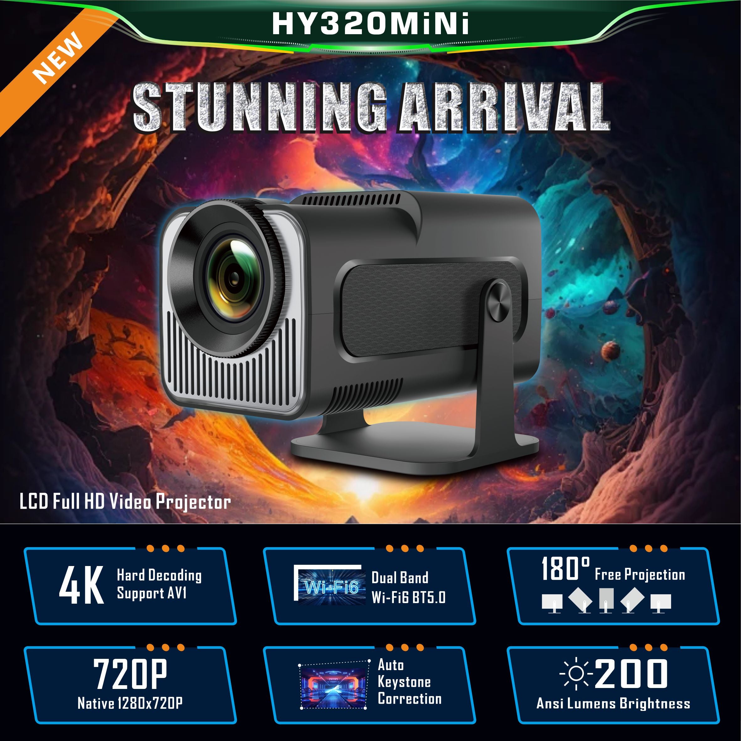 HY320 Mini Smart Projector | 720P, 200 ANSI, Short-Throw, Android 11