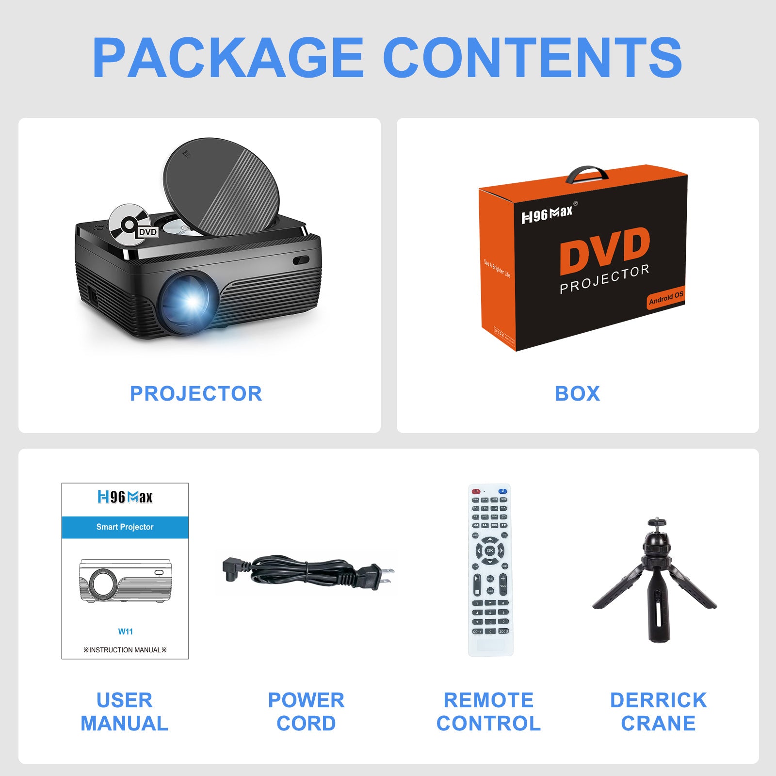 W11 Home Projector | 1080P, 260 ANSI, Android 9, Screen Mirror, Built-in DVD Player