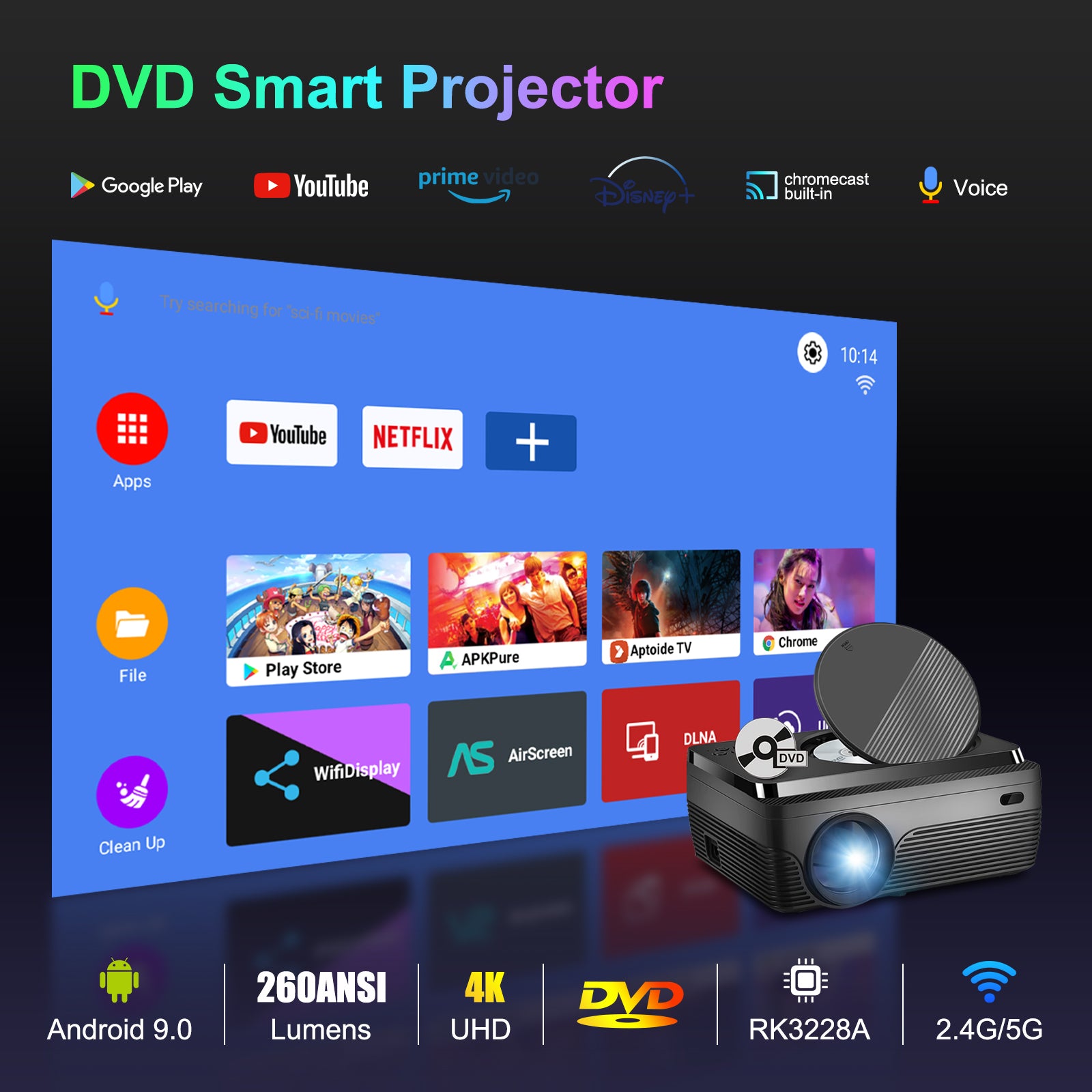 W11 Home Projector | 1080P, 260 ANSI, Android 9, Screen Mirror, Built-in DVD Player