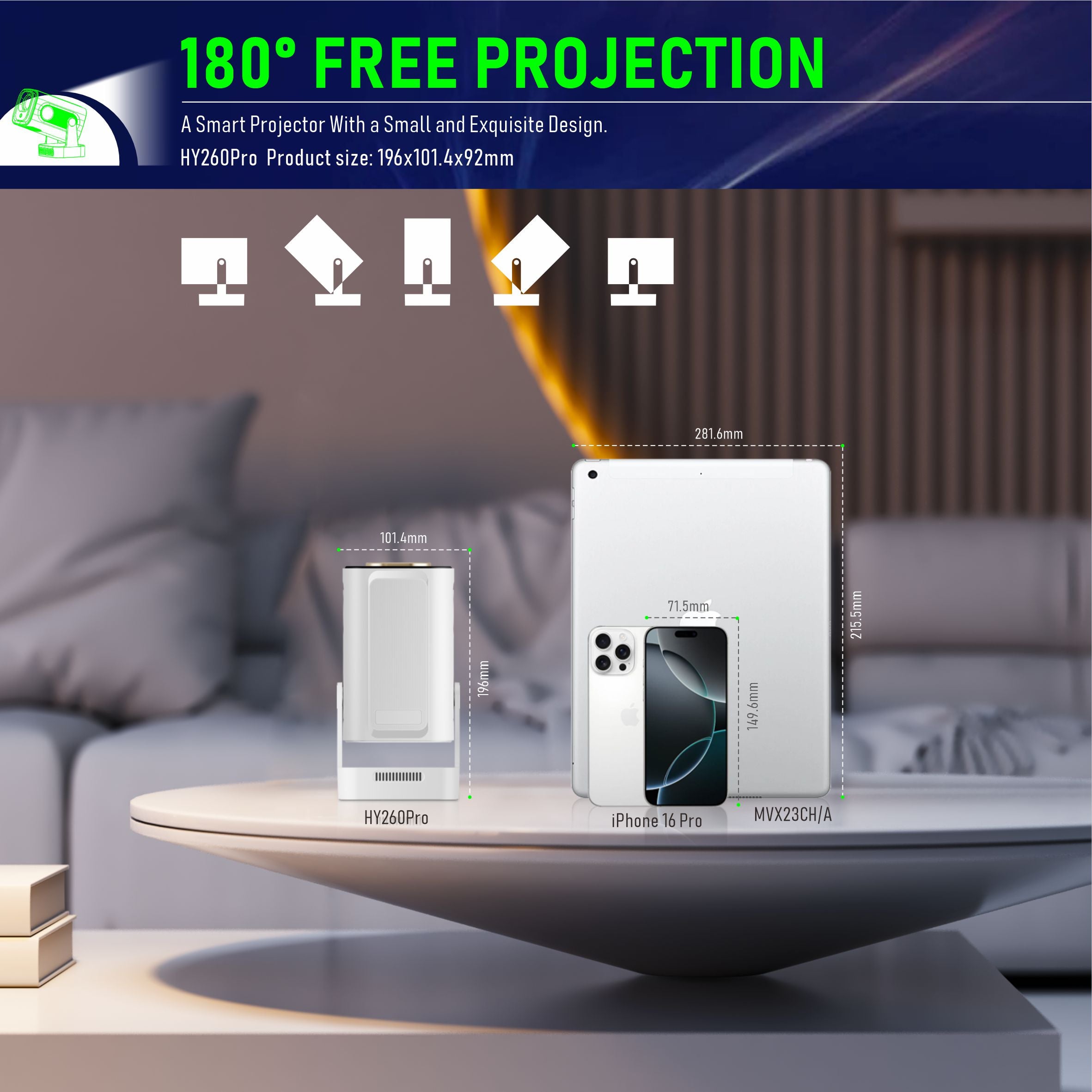 HY260Pro Mini Projector | 1080P, 200 ANSI, Android 11, Voice Control Remote