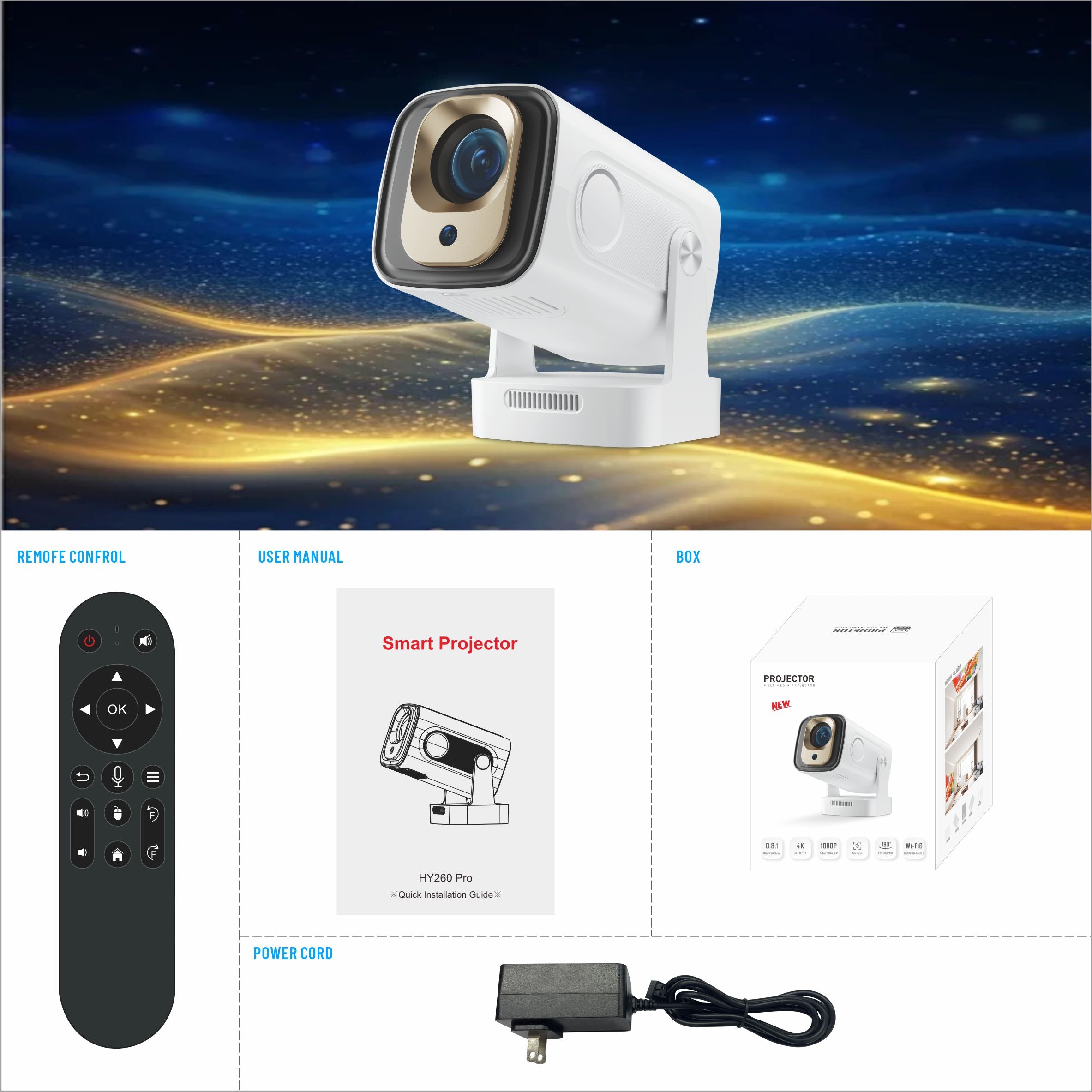 HY260Pro Mini Projector | 1080P, 200 ANSI, Android 11, Voice Control Remote