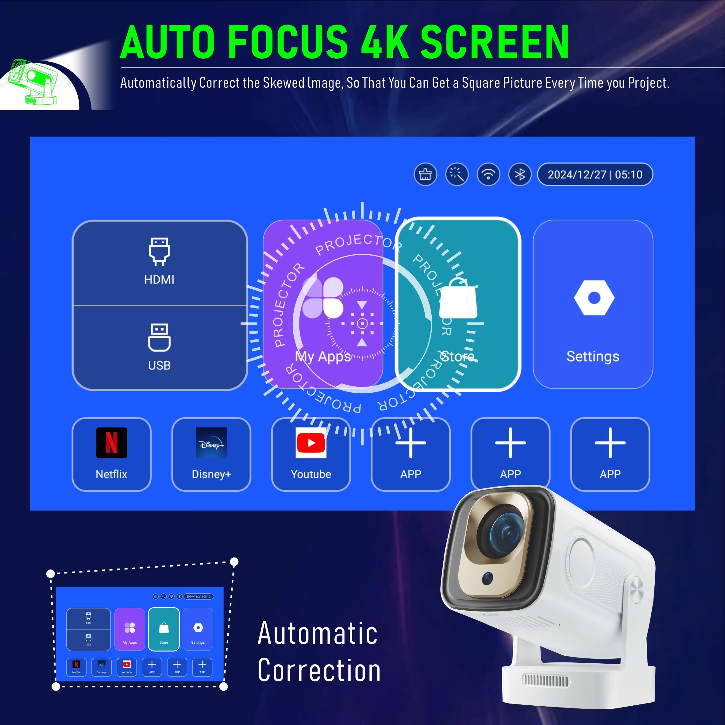 HY260Pro Mini Projector | 1080P, 200 ANSI, Android 11, Voice Control Remote