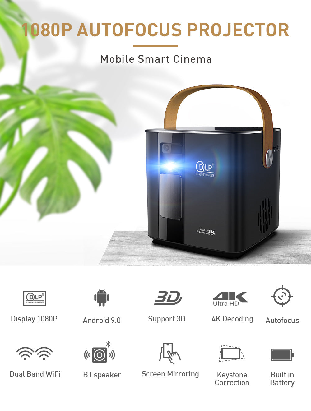 P12 DLP Mini Projector | 1080P, Pocket-Sized, 200 Lumens, Built-in Battery