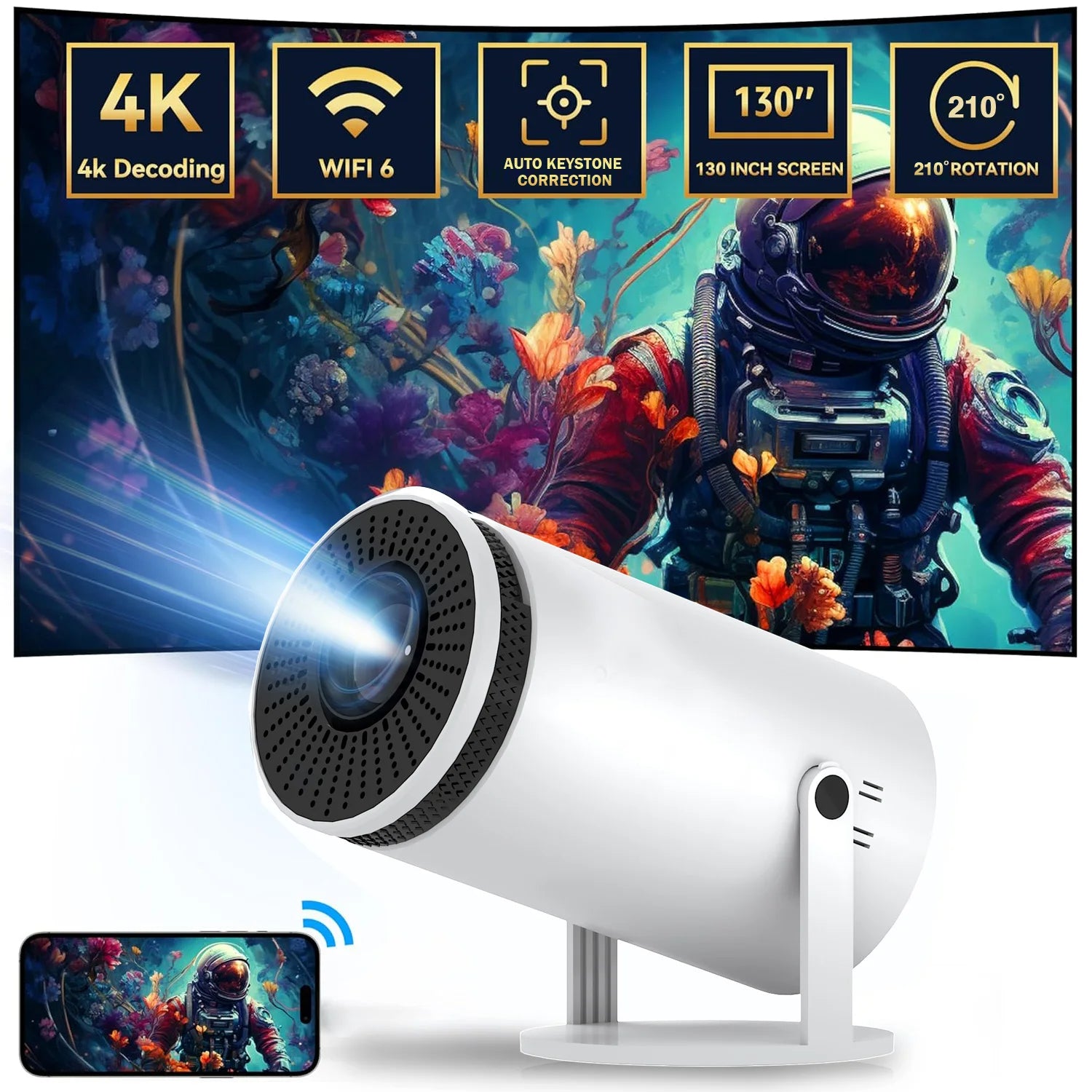 HY310 Mini Projector | 720P, Wi-Fi 6, BT 5.0, Android 11, Portable Projector