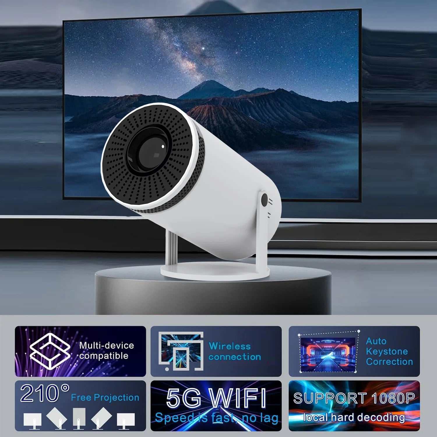 HY310 Mini Projector | 720P, Wi-Fi 6, BT 5.0, Android 11, Portable Projector